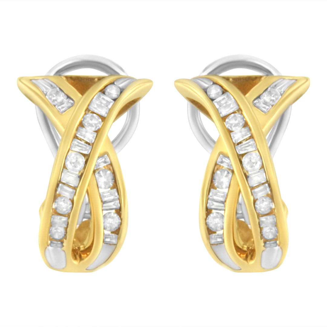 14K Yellow and White Gold 1/2 TDW "X" Shape Cross Over Diamond Hoop Earrings (I-J, I2-I3)