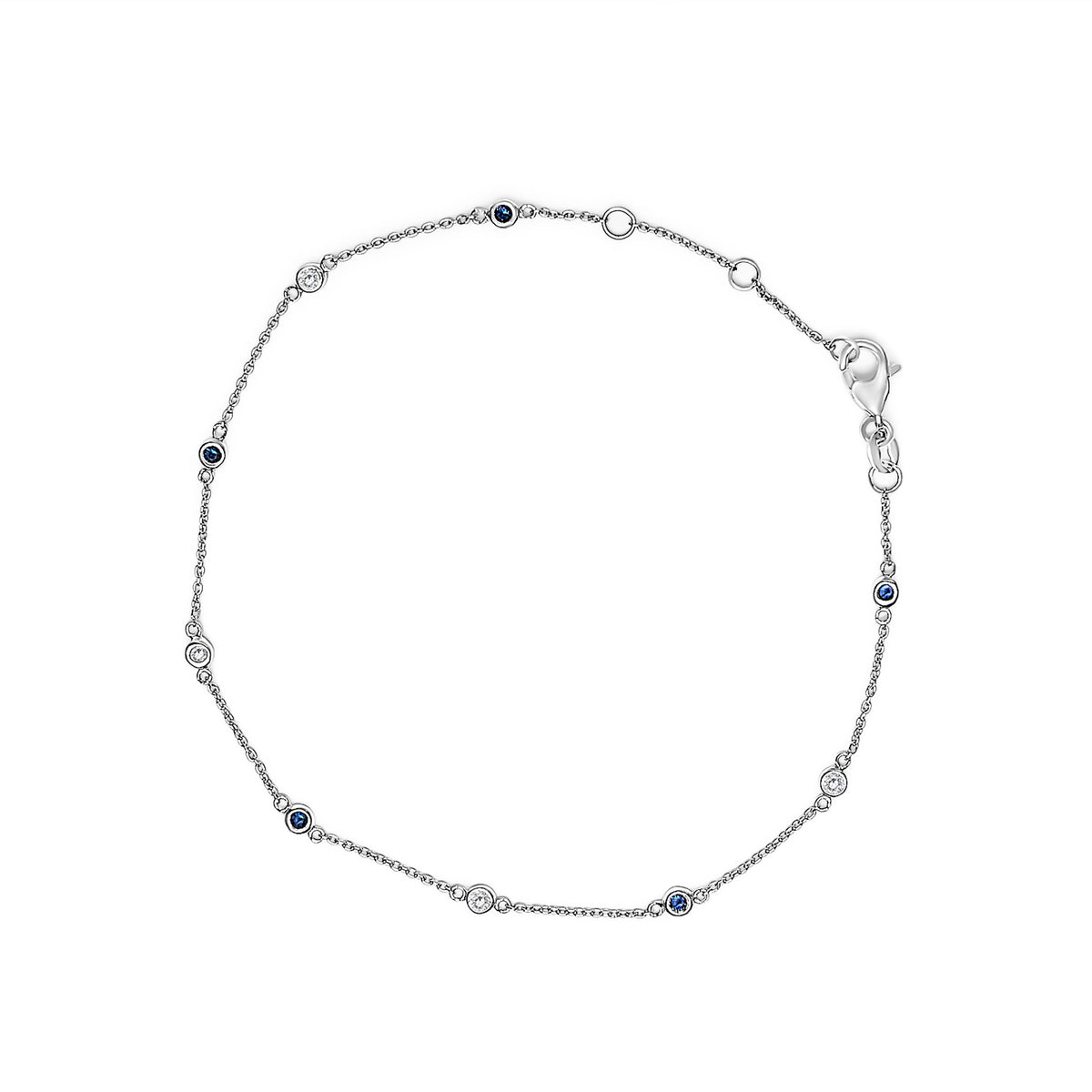 Pulsera de cadena con alternancia de zafiros azules y diamantes blancos engastados en bisel de oro blanco de 14 quilates (color I-J, claridad SI2-I1) - 8 pulgadas