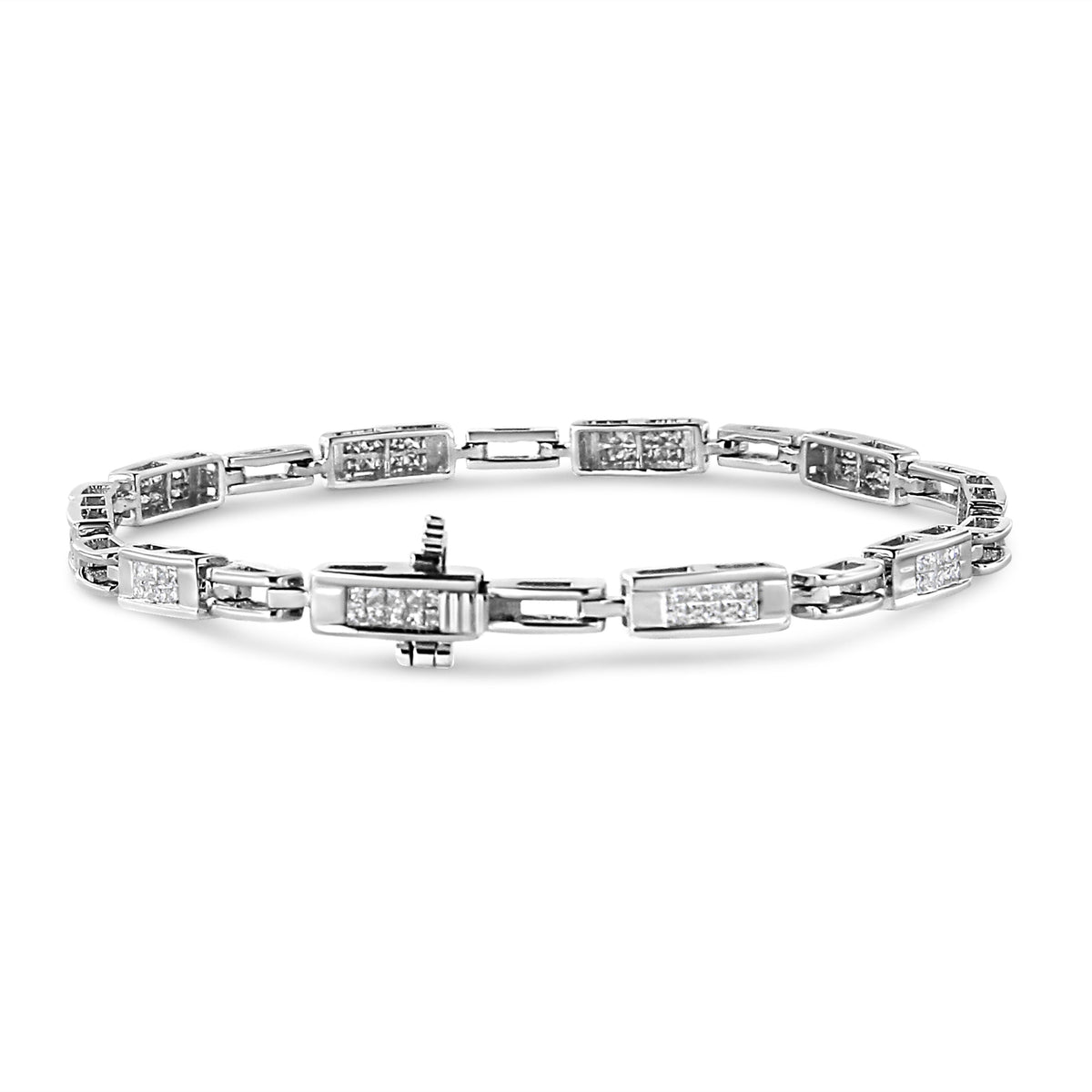 Pulsera de tenis de oro blanco de 14 quilates con diamantes de corte princesa de 1,0 quilates engastados invisibles, estaciones alternas y eslabones (color I-J, claridad I1-I2) - Tamaño 7,25" pulgadas