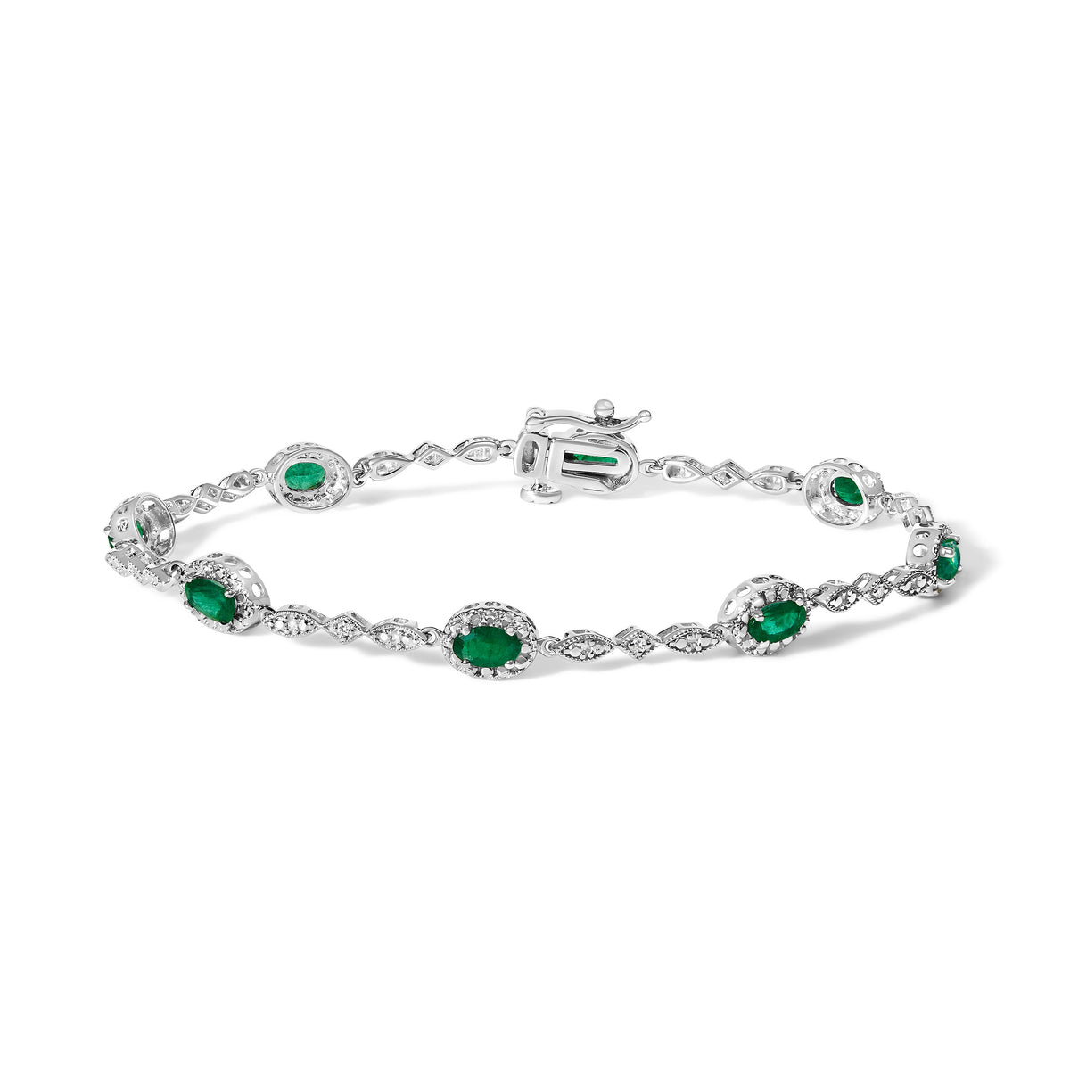 Pulsera de eslabones alternados de oro blanco de 10 quilates con esmeralda verde ovalada y diamantes