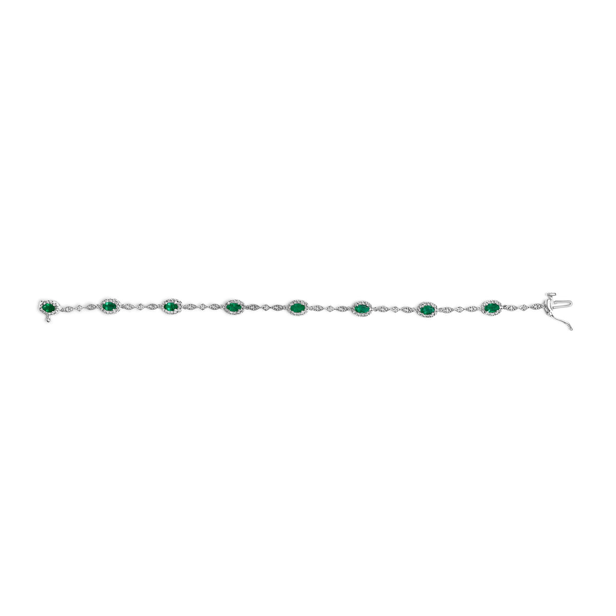 Pulsera de eslabones alternados de oro blanco de 10 quilates con esmeralda verde ovalada y diamantes
