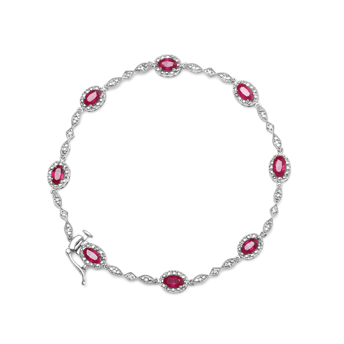 Pulsera de eslabones de rubí ovalado y diamantes de oro blanco de 10K de 4.5mm x 3mm (Color H-I, Claridad SI1-SI2) - Tamaño 7"