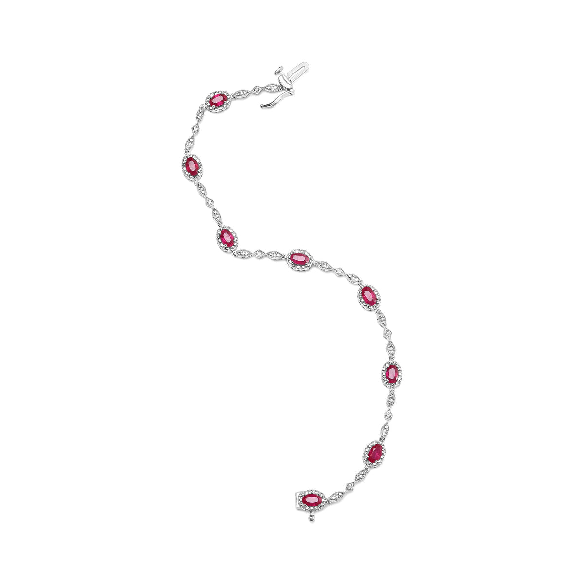 Pulsera de eslabones de rubí ovalado y diamantes de oro blanco de 10K de 4.5mm x 3mm (Color H-I, Claridad SI1-SI2) - Tamaño 7"