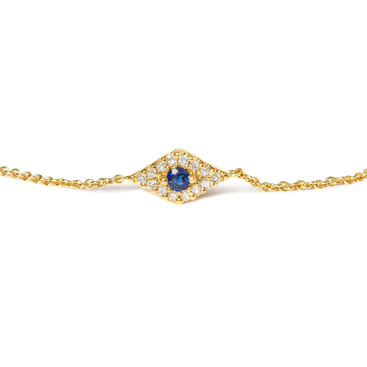 Pulsera de eslabones de estación de oro amarillo de 10 K con zafiro azul y acento de diamante de ojo turco (color H-I, claridad I1-I2) - Talla 7"
