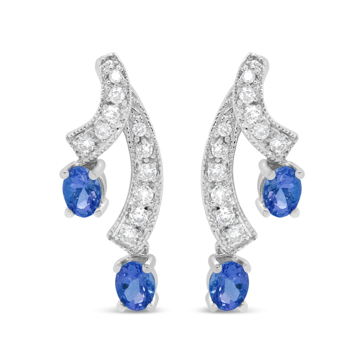 Pendientes de gota de oro blanco de 14 quilates con tanzanita azul natural ovalada de 4x3MM y diamantes de 1/5 Cttw con doble caída de 3/4" (Color H-I, Claridad VS1-VS2)