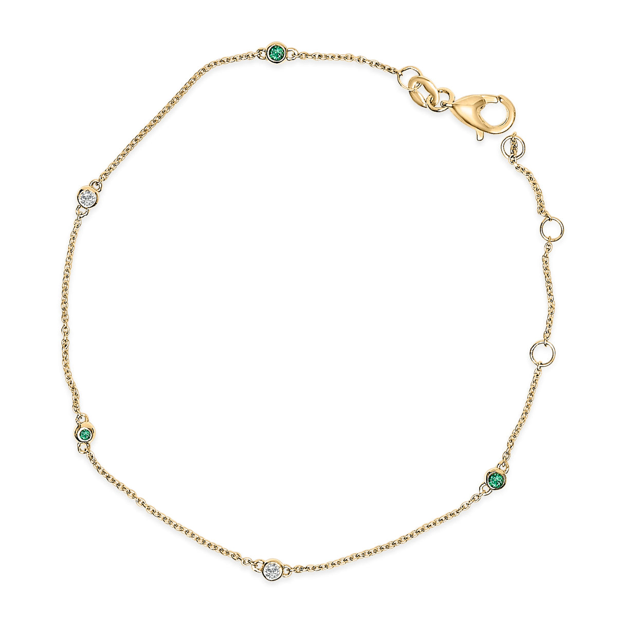 Pulsera de cadena con estaciones alternas de esmeraldas verdes y diamantes en bisel de oro amarillo de 14K - Talla 7.5 pulgadas