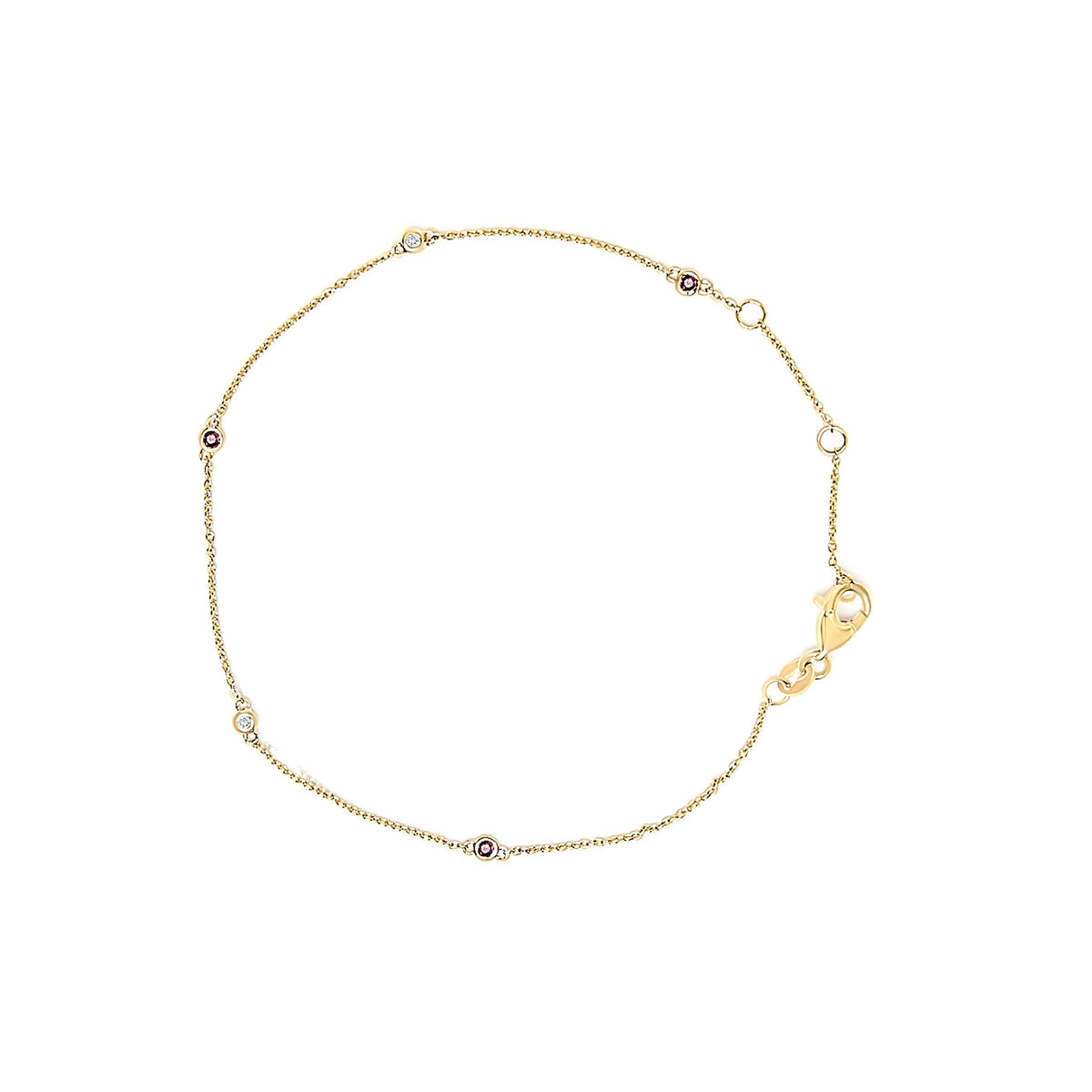 Pulsera de cadena de oro amarillo de 14 quilates con estaciones de rubíes rojos y diamantes blancos engastados (color I-J, claridad SI2-I1) - 7.5 pulgadas