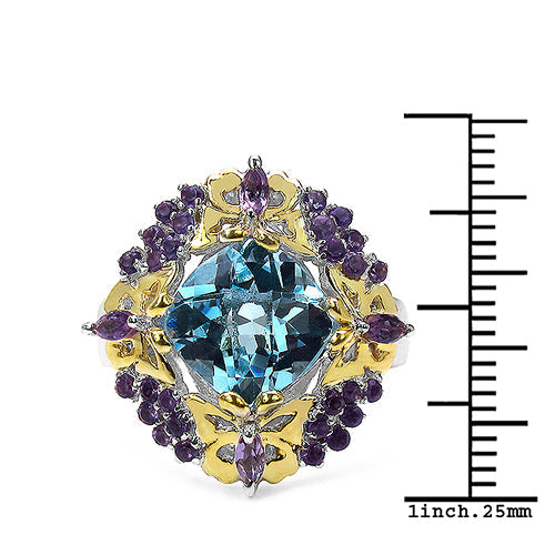 Anillo de plata de ley .925 con topacio azul auténtico de 5,66 quilates, amatista y diamantes blancos
