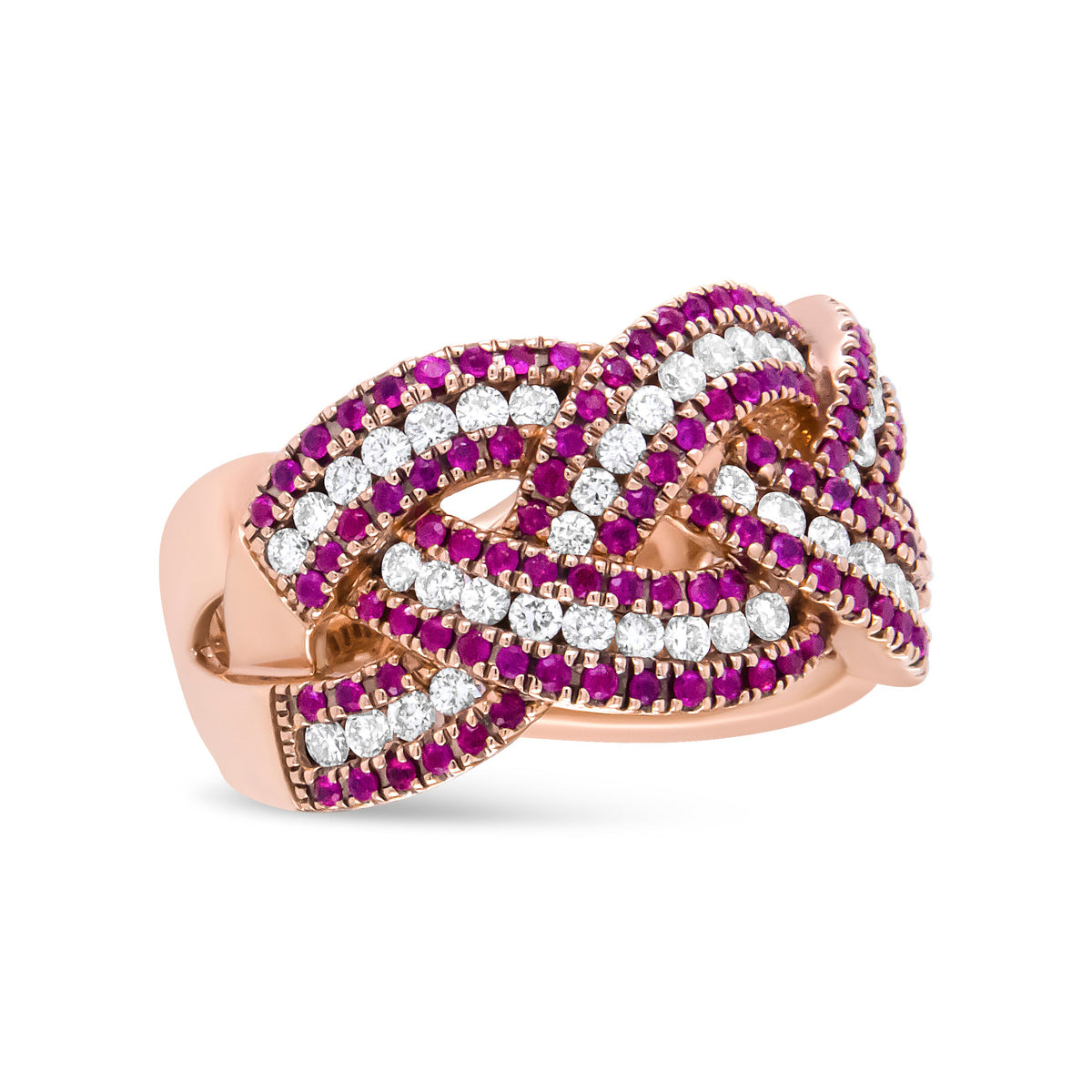 Anillo de banda trenzada de oro rosa de 18 quilates con rubí rojo y diamantes de 7/8 quilates (color F-G, claridad VS1-VS2) - Talla de anillo 7