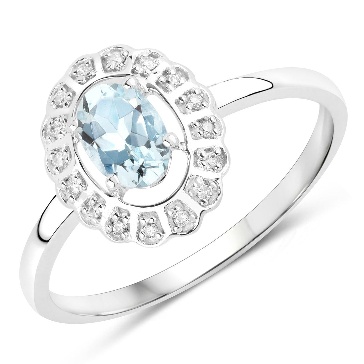 Anillo de oro blanco de 14 quilates con aguamarina auténtica de 0,44 quilates y diamantes blancos