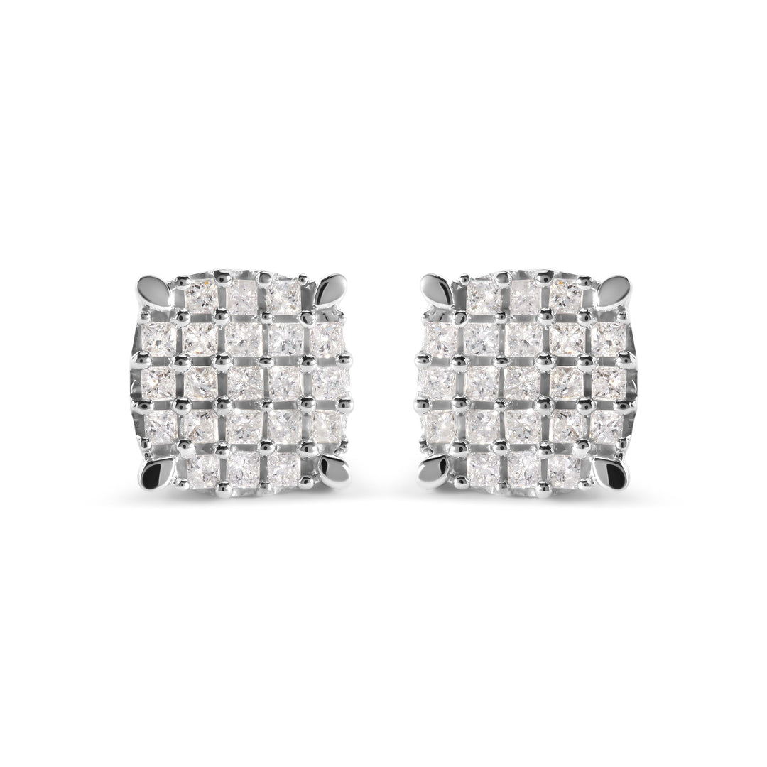 10K White Gold 3/4 Cttw Princess Diamond Composite Cushion Shape Stud Earrings (I-J Color, I1-I2 Clarity)