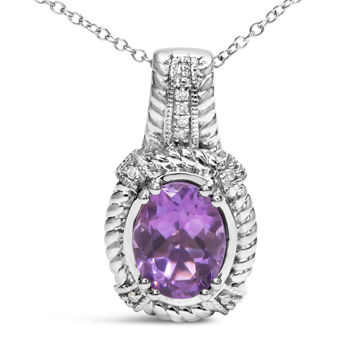 Colgante de gota de moda de plata de ley .925 con amatista morada ovalada de 9x7 mm y acentos de diamantes redondos, collar de 18 pulgadas (color I-J, claridad I1-I2)