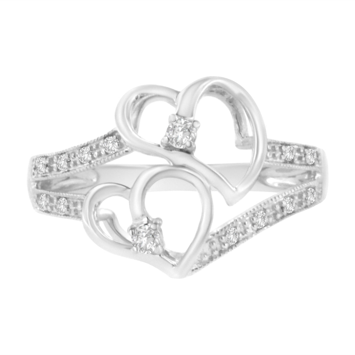 Anillo de oro blanco de 14 quilates con dos corazones y diamantes de 0,10 qt. - Talla 6,5