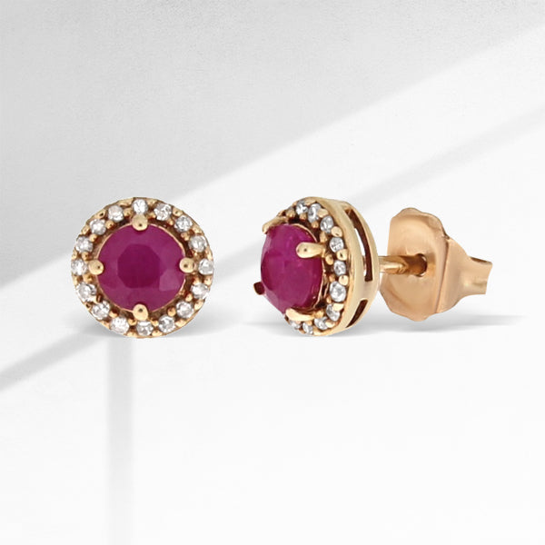 Auténticos pendientes de botón de rubí y diamante de 0,77 ct, oro rosa de 10 kt