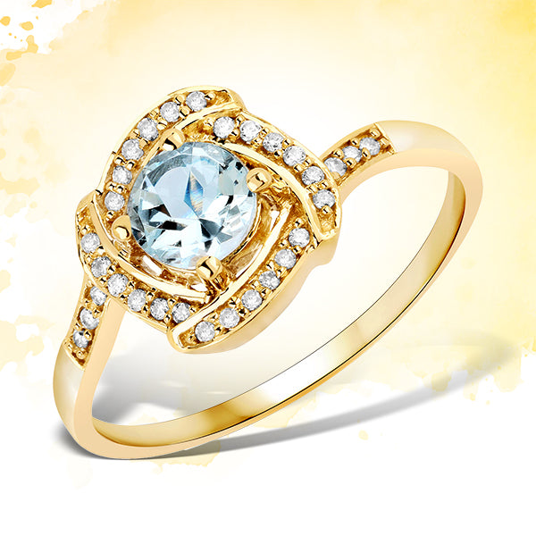 Anillo de oro amarillo de 14K con aguamarina auténtica de 0,46 quilates y diamantes blancos