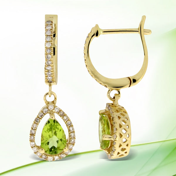 Pendientes Colgantes de Peridoto y Diamantes de .88ct en Oro Amarillo de 14KT