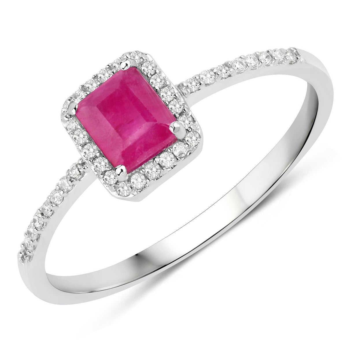 Anillo de oro blanco de 14K con rubí genuino de 0,58 quilates y diamantes blancos