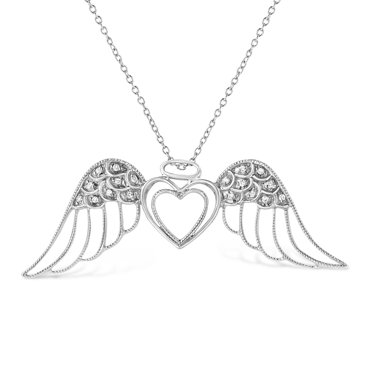 Collar con colgante de doble corazón de alas de ángel de plata de ley .925 con detalles de diamantes pavé de 45,72 cm (color I-J, claridad I1-I2)