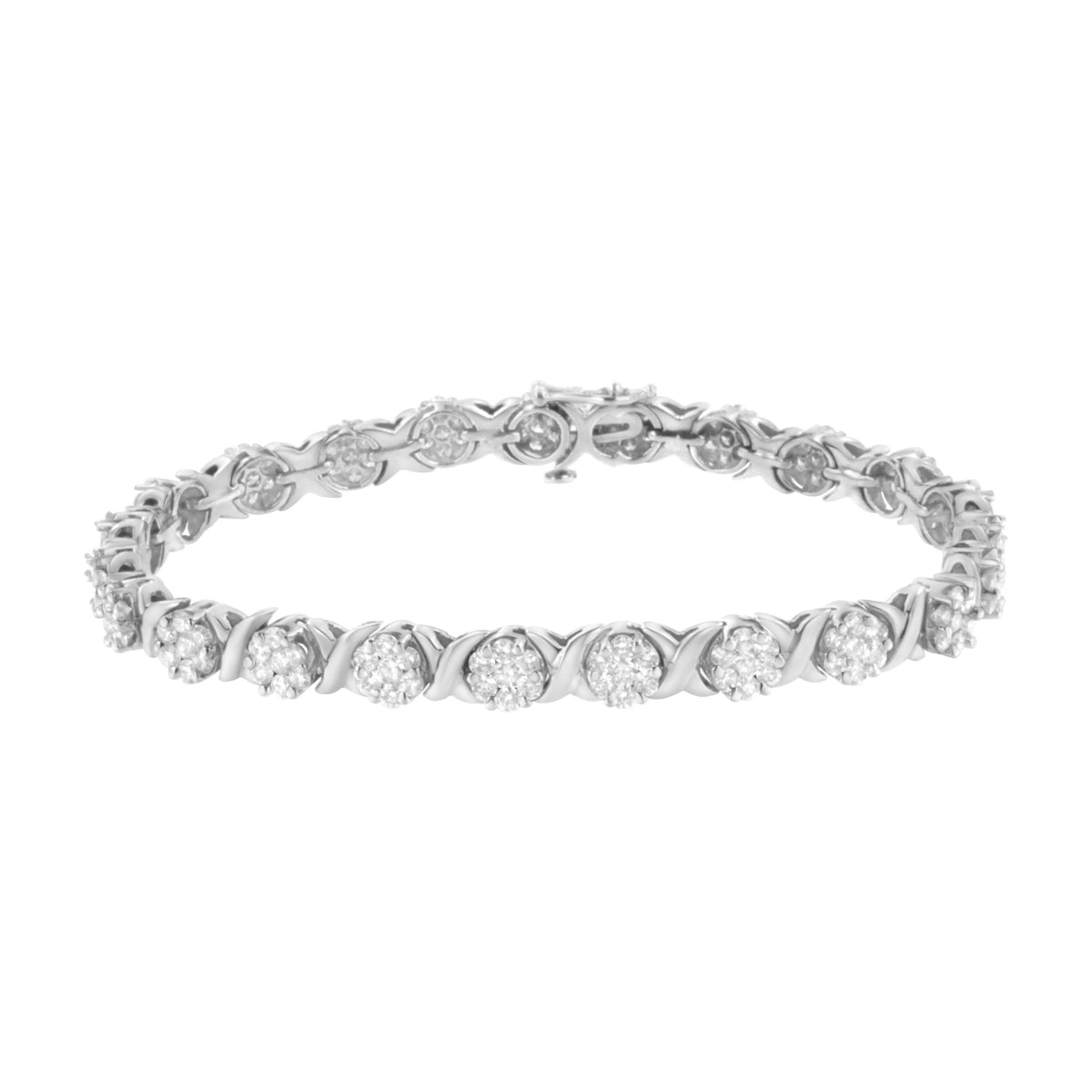 Pulsera de tenis de oro blanco de 14 quilates de 7" con racimo redondo y eslabones en X de diamantes de talla brillante redonda de 4 7/8 quilates totales (color I-J, claridad SI2-I1)