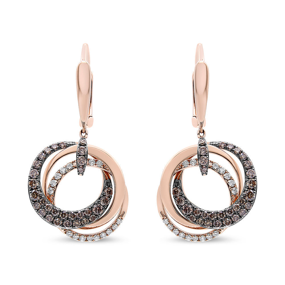 Pendientes de aro y colgantes circulares entrelazados de oro rosa de 14K con diamantes blancos y marrones de 1.00 Cttw (color H-I/marrón, claridad SI1-SI2)