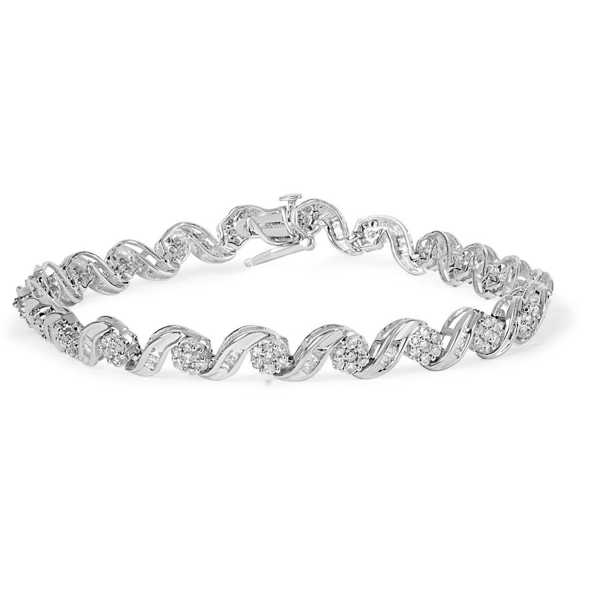 Pulsera de Eslabones en Espiral con Diseño Floral de Diamantes de Corte Redondo y de Talla Baguette de 2.00 ct en total en Oro Blanco de 10K y 17.78 cm (Color I-J, Claridad I1-I2)
