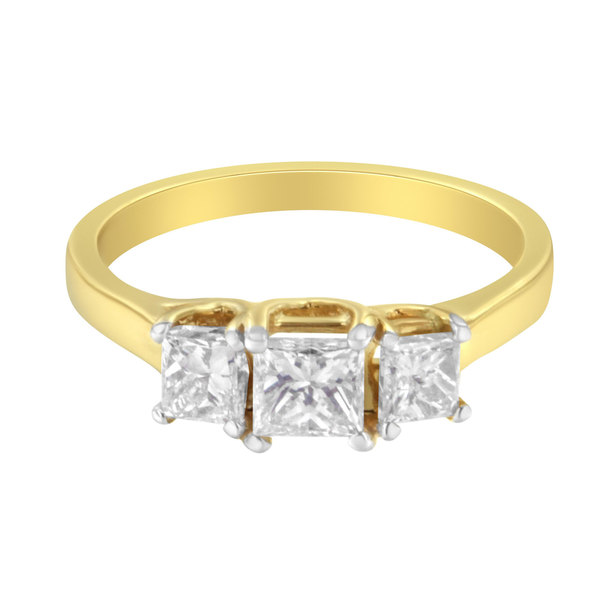 Anillo de oro amarillo de 10 qt con diamantes de talla princesa de tres piedras (1 quilate total, color J-K, claridad I1-I2) - Talla 6