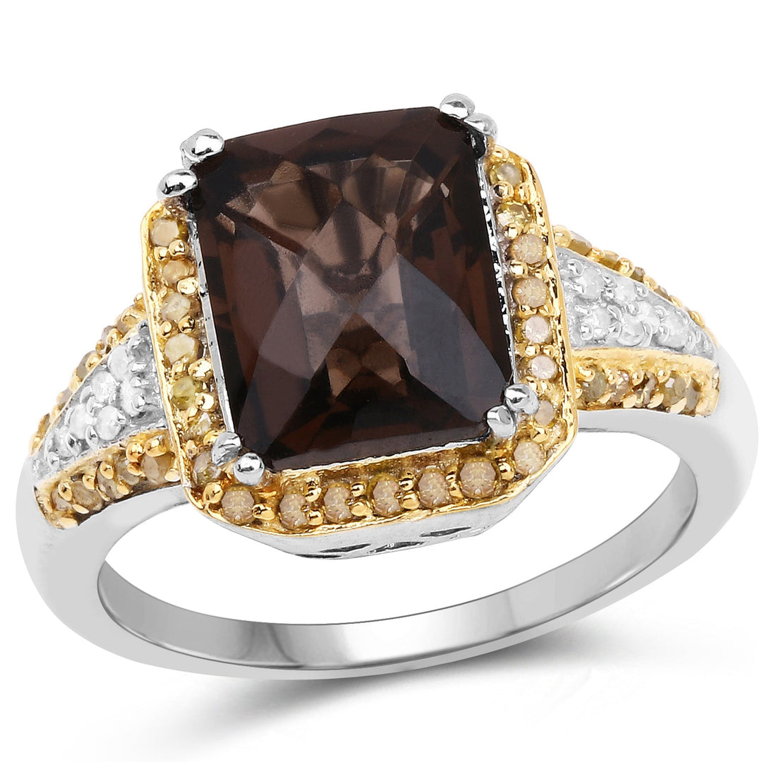 3.48 Carat Genuine Smoky Quartz, Yellow Diamond and White Diamond .925 Sterling Silver Ring
