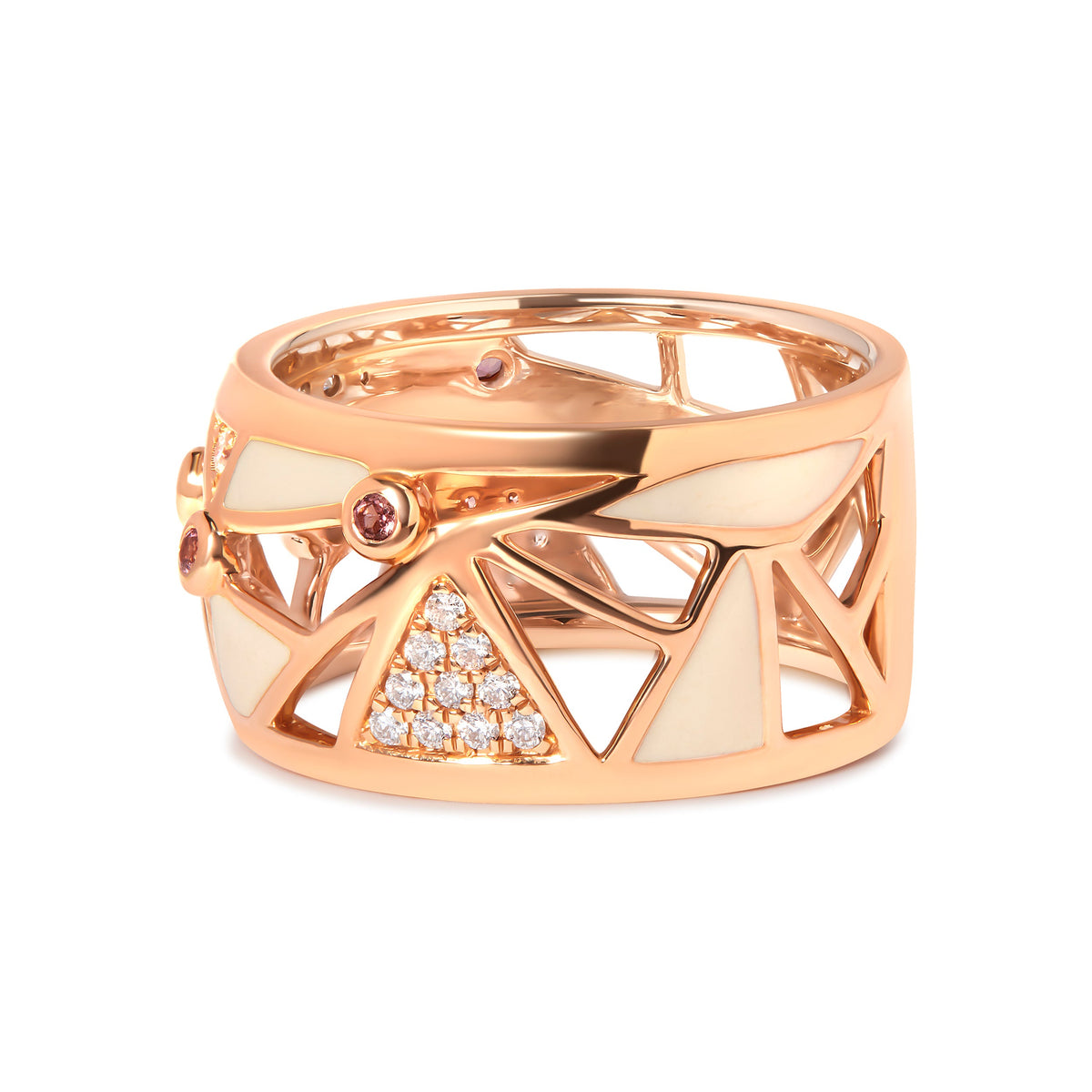 Anillo tipo "Cigar Band" de oro rosa de 14K con diamantes de 1/3 Cttw y turmalina rosa con esmalte blanco (color G-H, claridad SI1-SI2)