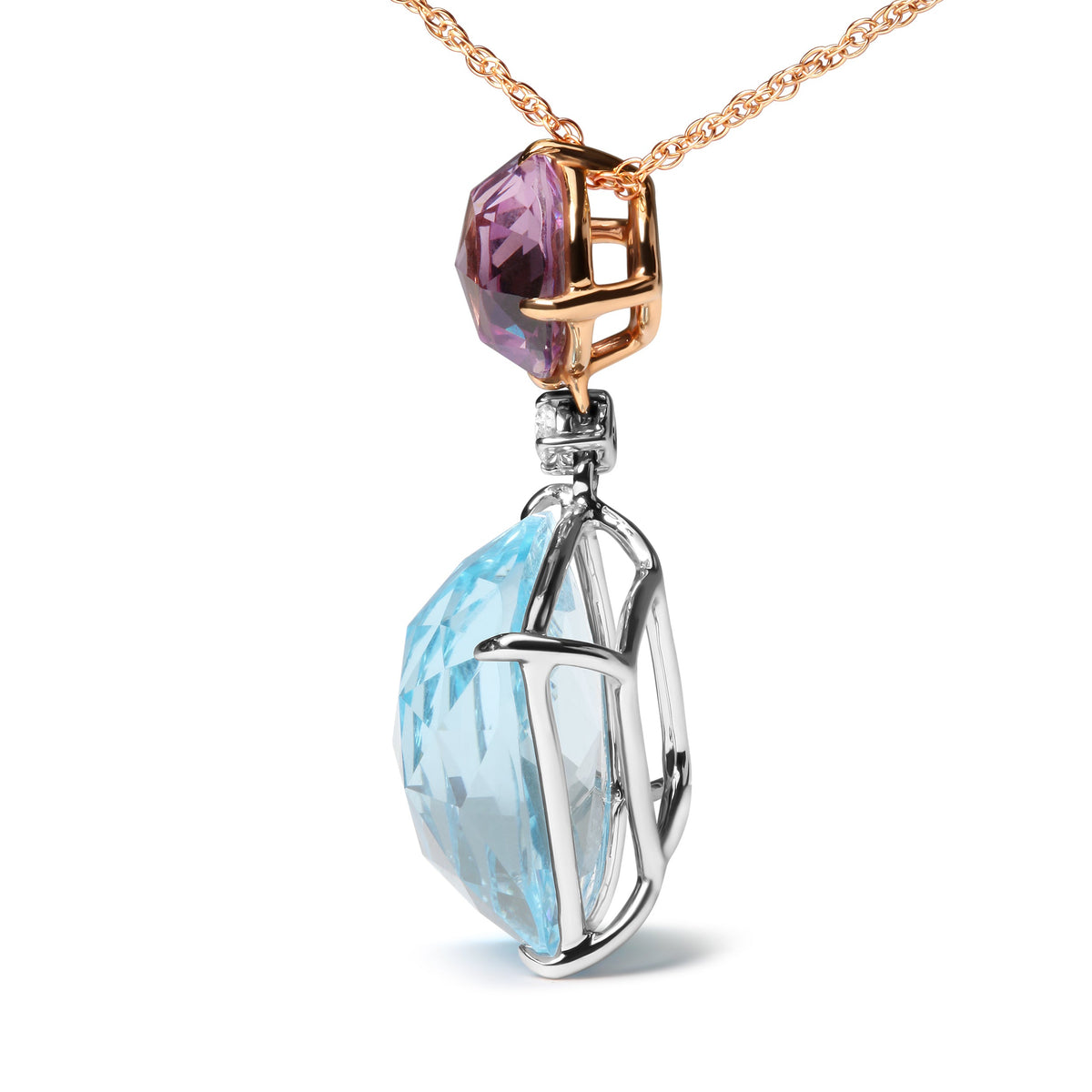 Collar con colgante de oro blanco y rosa de 18 quilates con acento de diamante redondo y amatista rosa de Francia redonda y topacio azul cielo de talla cojín, 18 pulgadas (Color G-H, Claridad SI1-SI2)