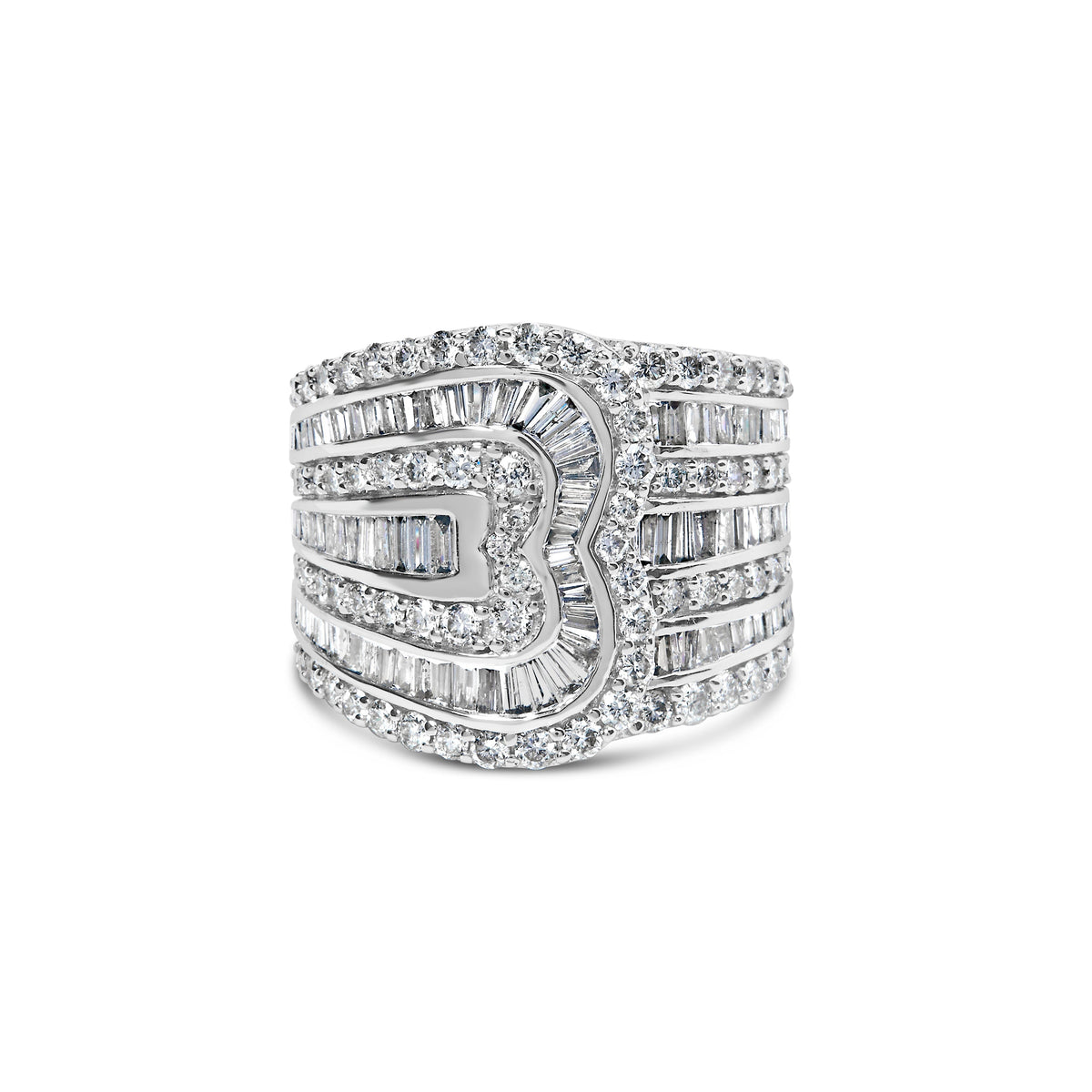 Anillo tipo bypass multihilera de oro blanco de 10K con diamantes redondos y de talla baguette de 2 1/2 ct. (color J-K, claridad I2-I3) - Talla de anillo 7