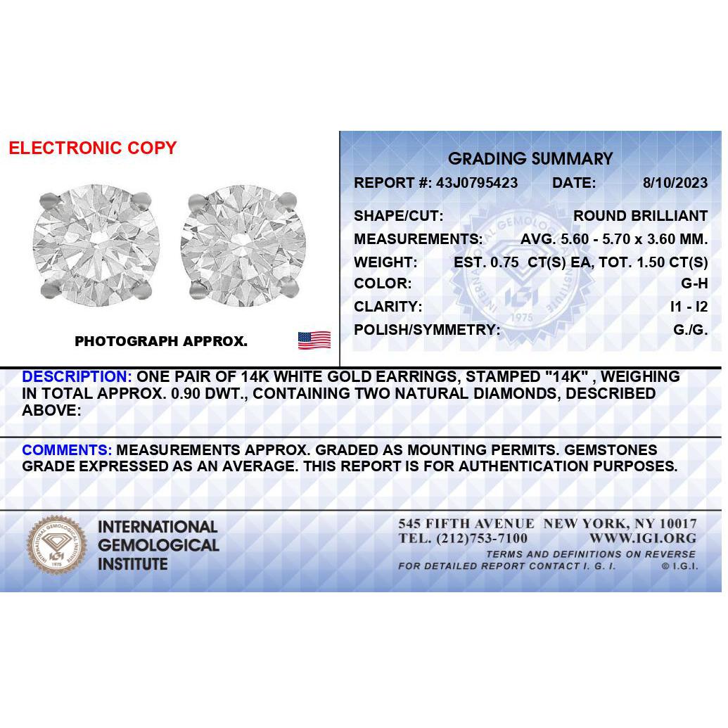 Pendientes solitario de oro blanco de 14K con diamantes redondos de 1 1/2 quilates en total con parte posterior de rosca, certificados por IGI (color G-H, claridad I1-I2)