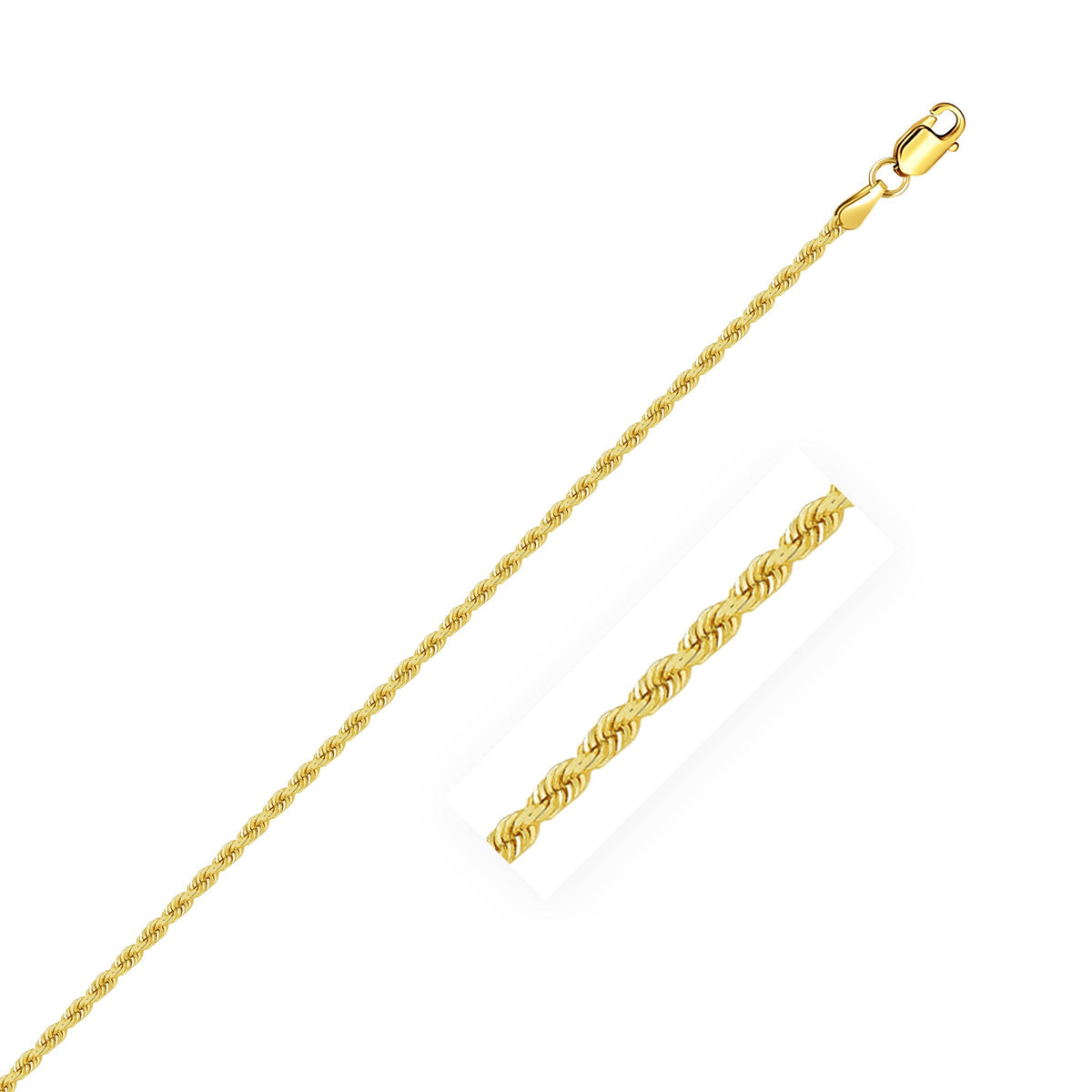 Cadena de cuerda sólida de oro amarillo de 14k y 2,0 mm