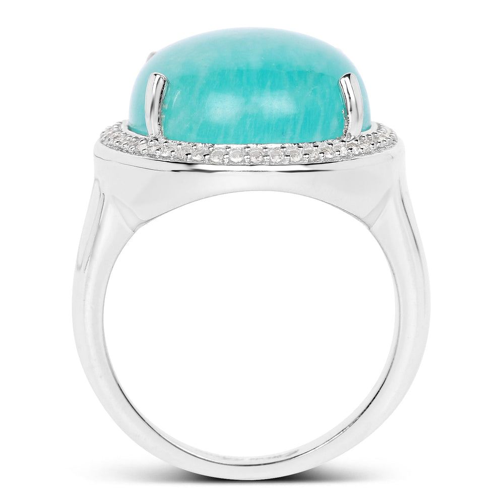 Anillo de plata de ley .925 con topacio blanco y amazonita auténtica de 15,09 quilates
