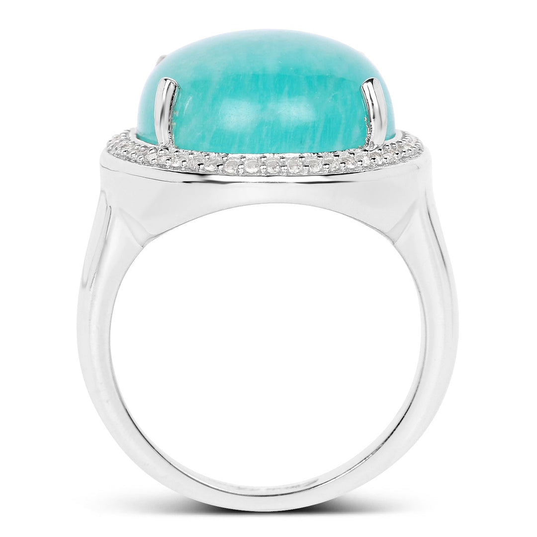 Anillo de plata de ley .925 con topacio blanco y amazonita auténtica de 15,09 quilates
