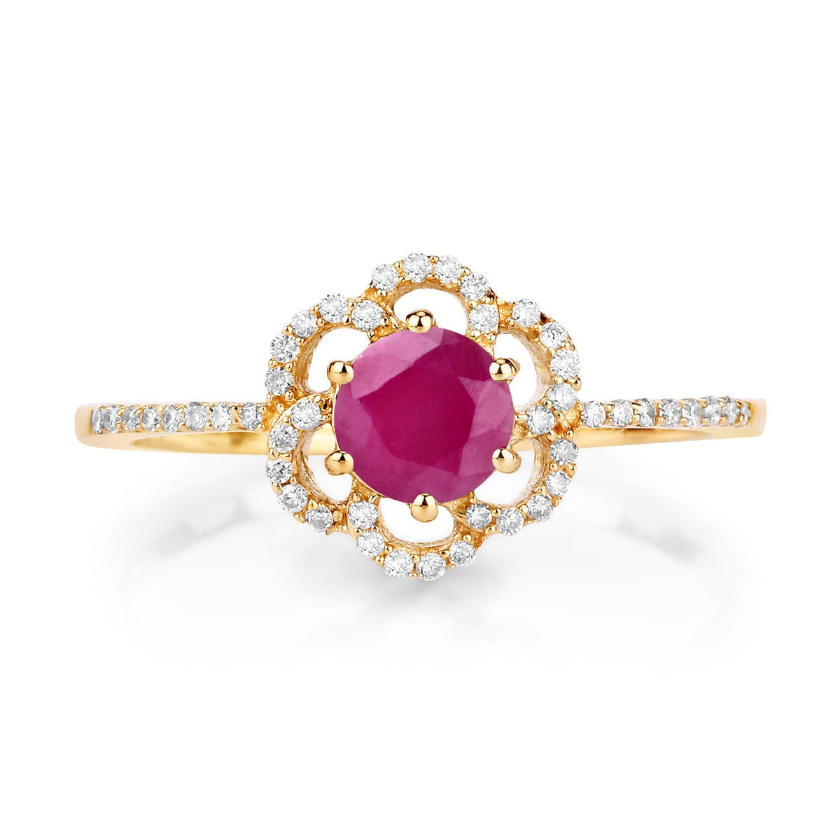 Anillo de oro amarillo de 14K con rubí genuino de 0,68 quilates y diamantes blancos