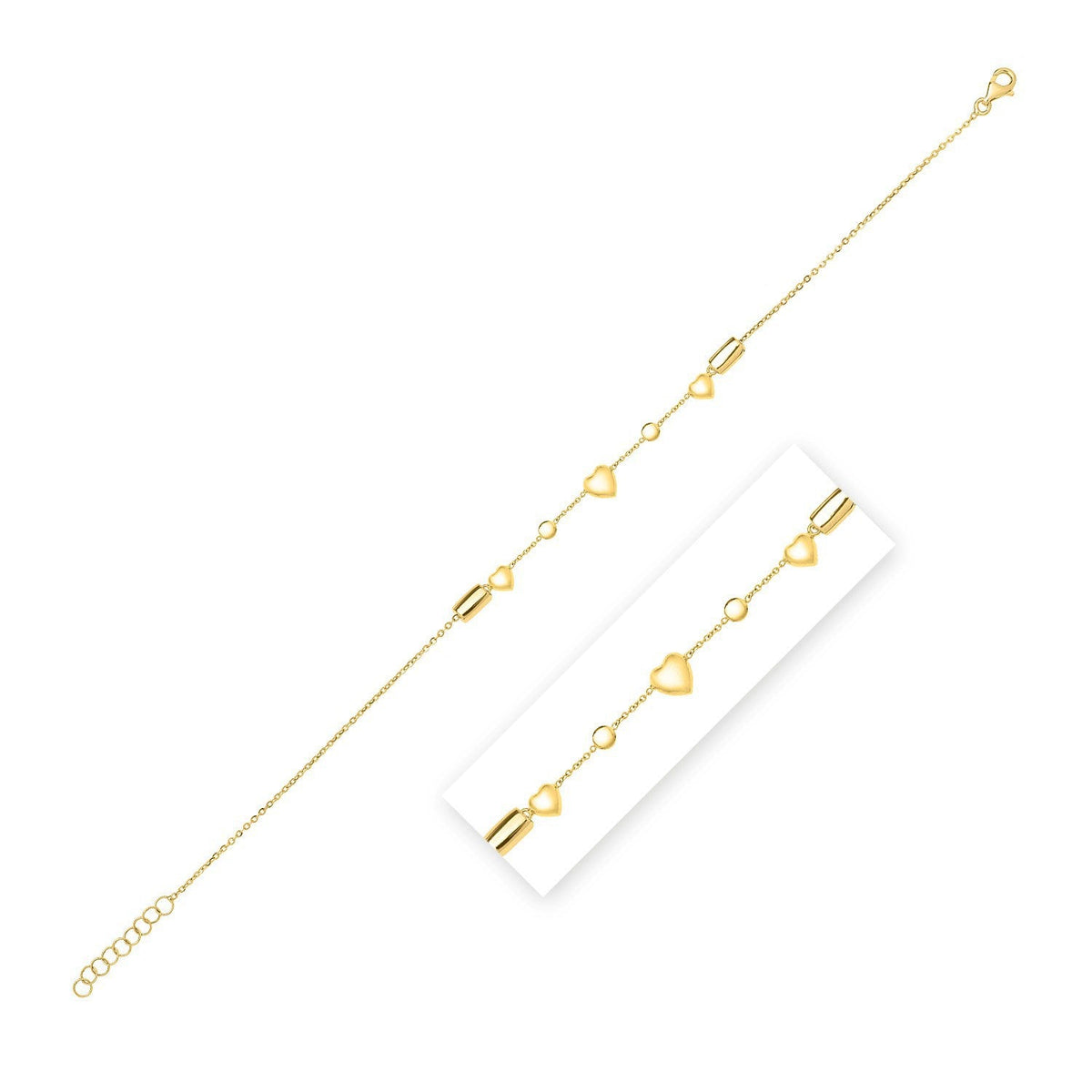 Tobillera ajustable de corazón abultado de oro amarillo de 14k