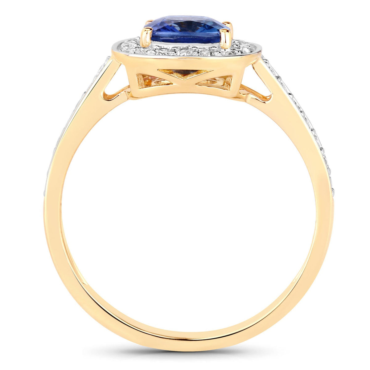 Anillo de oro amarillo de 18 quilates con zafiro azul auténtico de 1,31 quilates y diamantes blancos