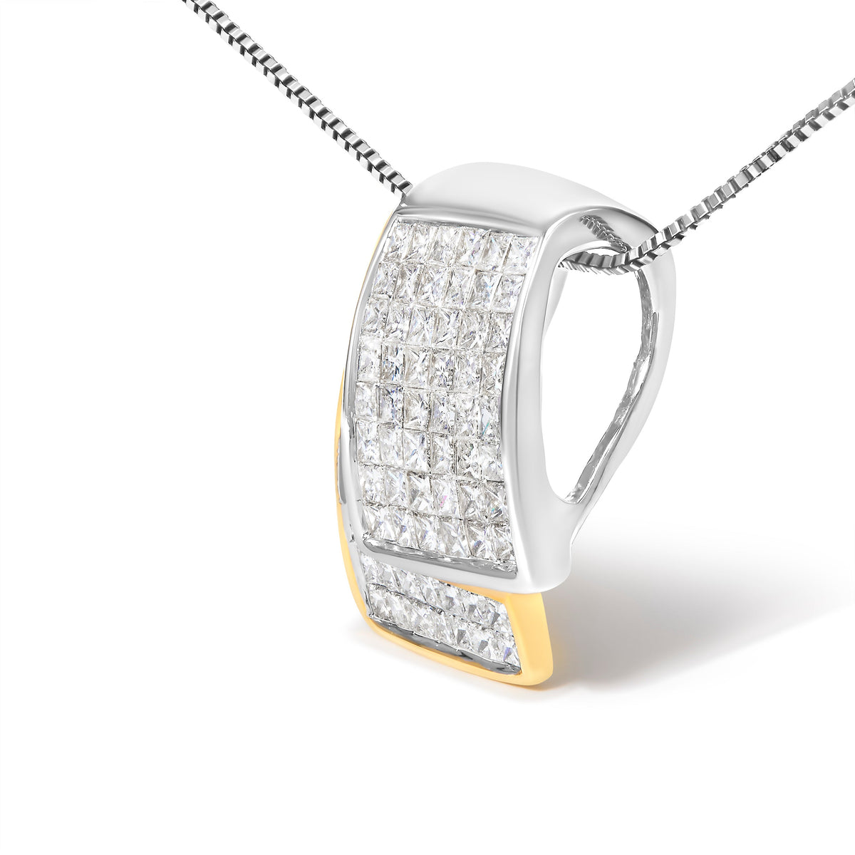 Collar con colgante de caja plegable de oro blanco y amarillo de 14 quilates con diamantes de talla princesa de 2,0 quilates en dos tonos, cadena tipo box de 18 pulgadas (color H-I, claridad SI1-SI2)