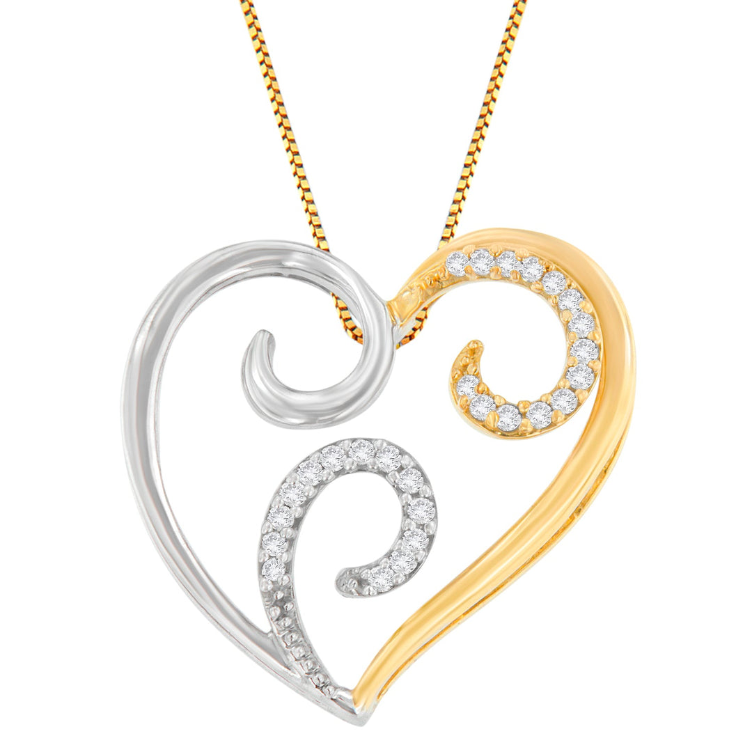 10K Two-Toned Gold 1/10 cttw Round Cut Diamond Swirl Heart Accent Pendant Necklace (H-I, I1-I2)