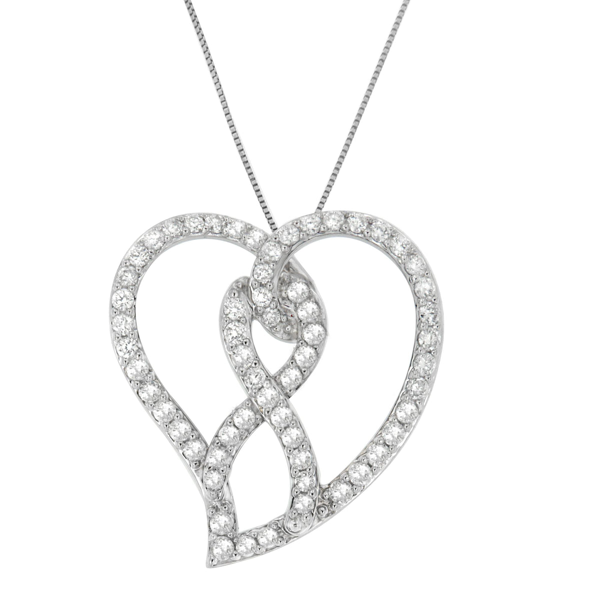 Collar con colgante de oro blanco de 14K con lazo de concientización y corazón abierto de diamantes blancos de 1,0 Cttw y 45 cm (color H-I, claridad I1-I2) - Lazo de diamante blanco
