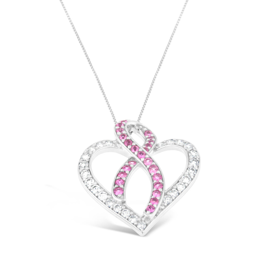 Collar con colgante de oro blanco de 14K con diamantes de 1 qt. peso total y zafiro rosa (G-H, SI2-I1)