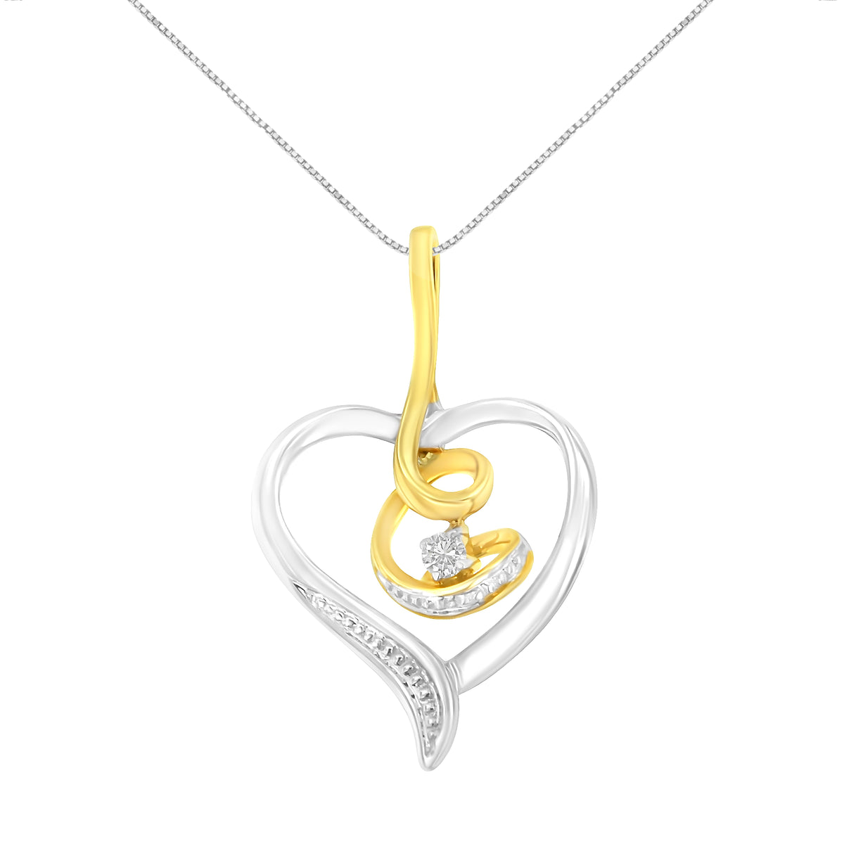 Espira 10K Oro amarillo y blanco de dos tonos .03 Cttw Collar con colgante de 18" con diseño de corazón abierto en espiral de diamante de talla redonda con acento de diamante (Color I-J, Claridad I2-I3)