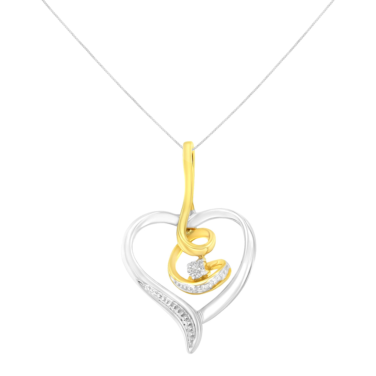 Espira 10K Oro amarillo y blanco de dos tonos .03 Cttw Collar con colgante de 18" con diseño de corazón abierto en espiral de diamante de talla redonda con acento de diamante (Color I-J, Claridad I2-I3)