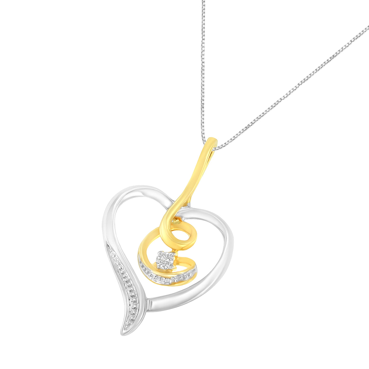 Espira 10K Oro amarillo y blanco de dos tonos .03 Cttw Collar con colgante de 18" con diseño de corazón abierto en espiral de diamante de talla redonda con acento de diamante (Color I-J, Claridad I2-I3)
