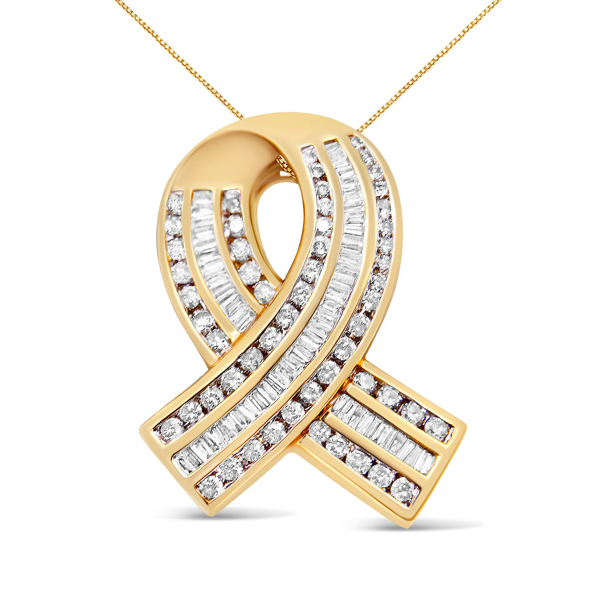 Collar con colgante de lazo de concientización con diamantes blancos de 2 5/8 cttw engastados en canal en oro amarillo de 14K (color G-H, claridad VS1-VS2) - SIN CADENA