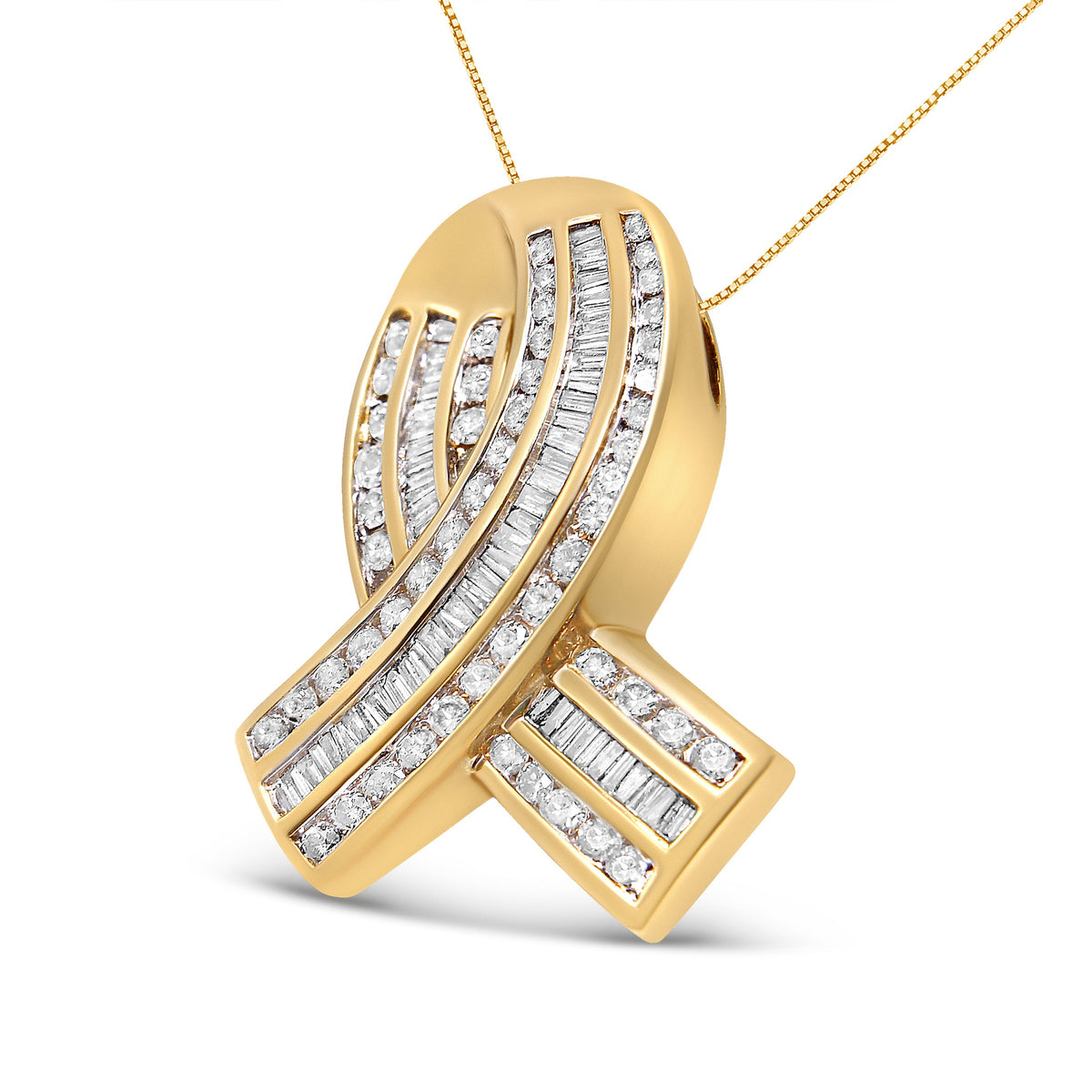 Collar con colgante de lazo de concientización con diamantes blancos de 2 5/8 cttw engastados en canal en oro amarillo de 14K (color G-H, claridad VS1-VS2) - SIN CADENA