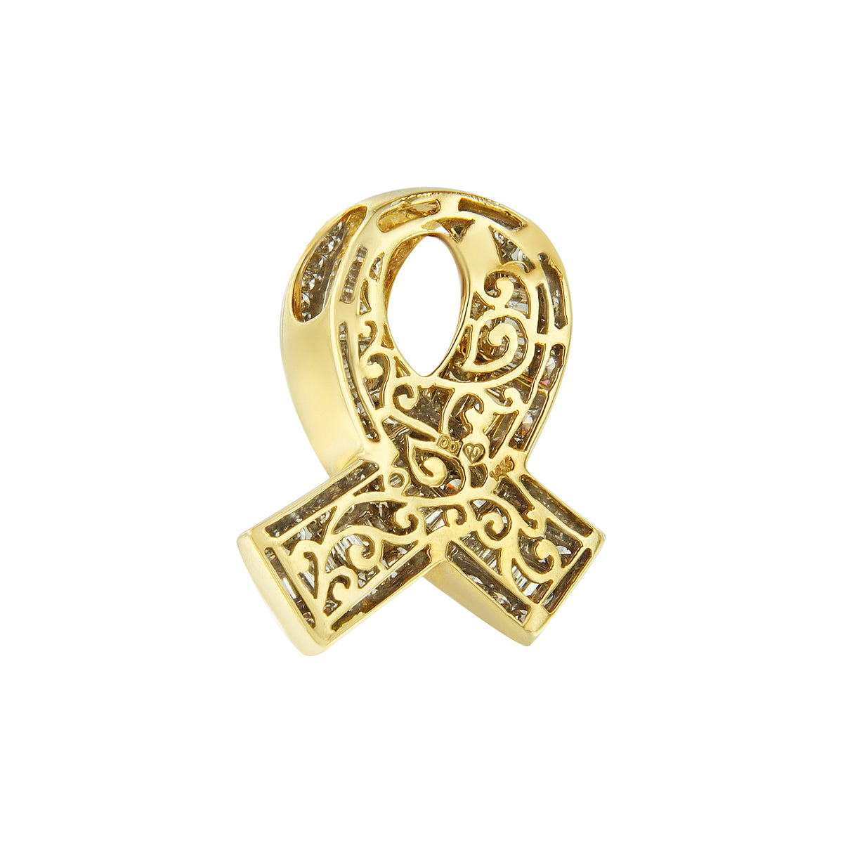 Collar con colgante de lazo de concientización con diamantes blancos de 2 5/8 cttw engastados en canal en oro amarillo de 14K (color G-H, claridad VS1-VS2) - SIN CADENA
