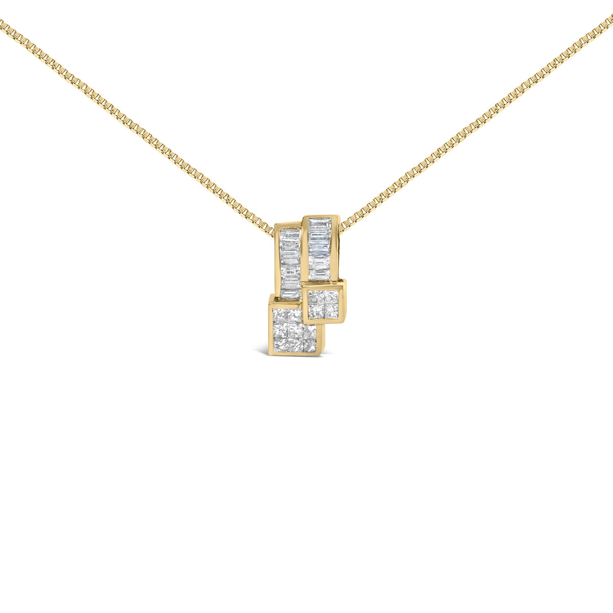 Collar con colgante geométrico de oro amarillo de 14K con diamantes talla princesa y baguette de 1 1/2 quilates (color H-I, claridad VS1-VS2)