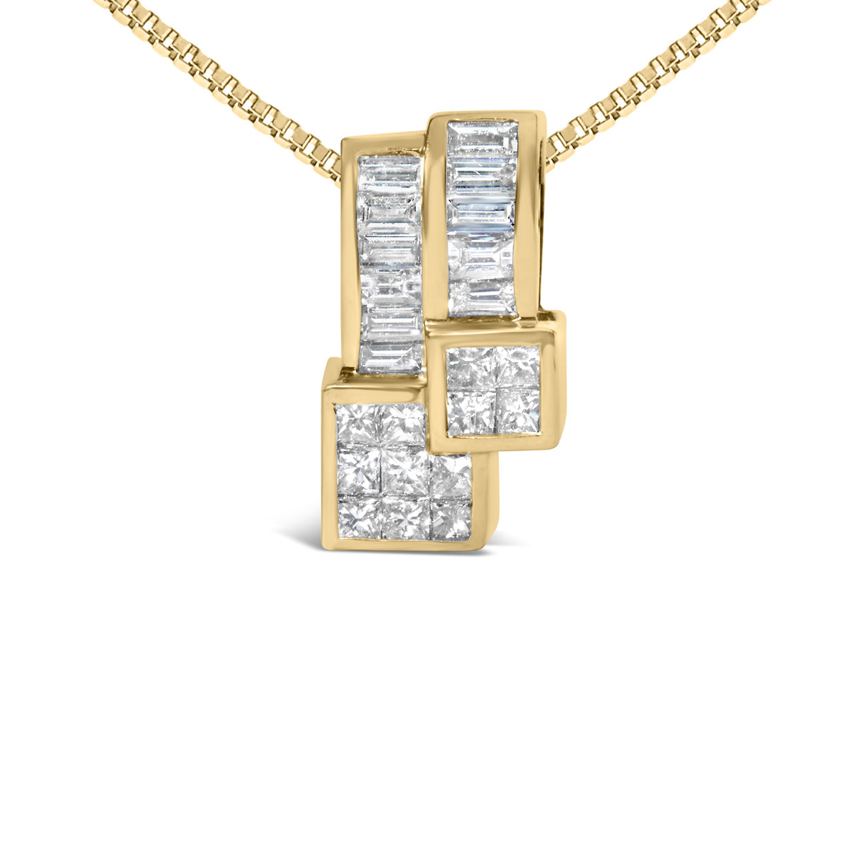Collar con colgante geométrico de oro amarillo de 14K con diamantes talla princesa y baguette de 1 1/2 quilates (color H-I, claridad VS1-VS2)
