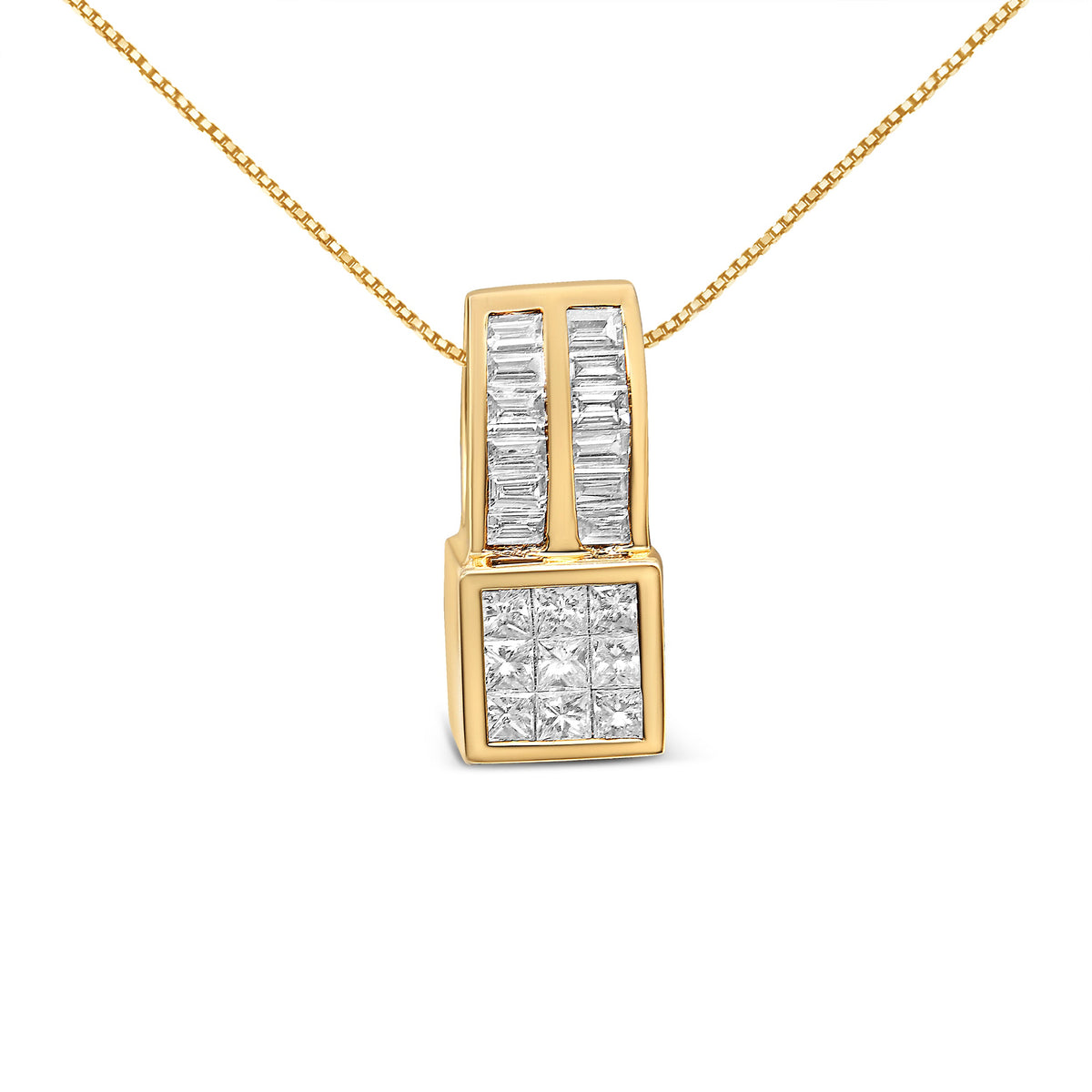 Collar con colgante de diamante de oro amarillo de 14K de 1,25 ct. en total, corte princesa y baguette, diseño geométrico (H-I, VS1-VS2)